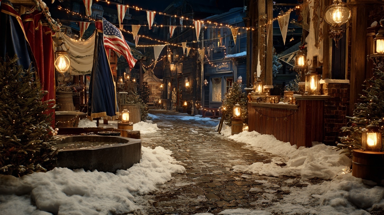 A quiet snowy village Fourth of July observance with a small flag, cocoa stand, lanterns, ribbons, and unlit sparklers behind a respectful snowbank.